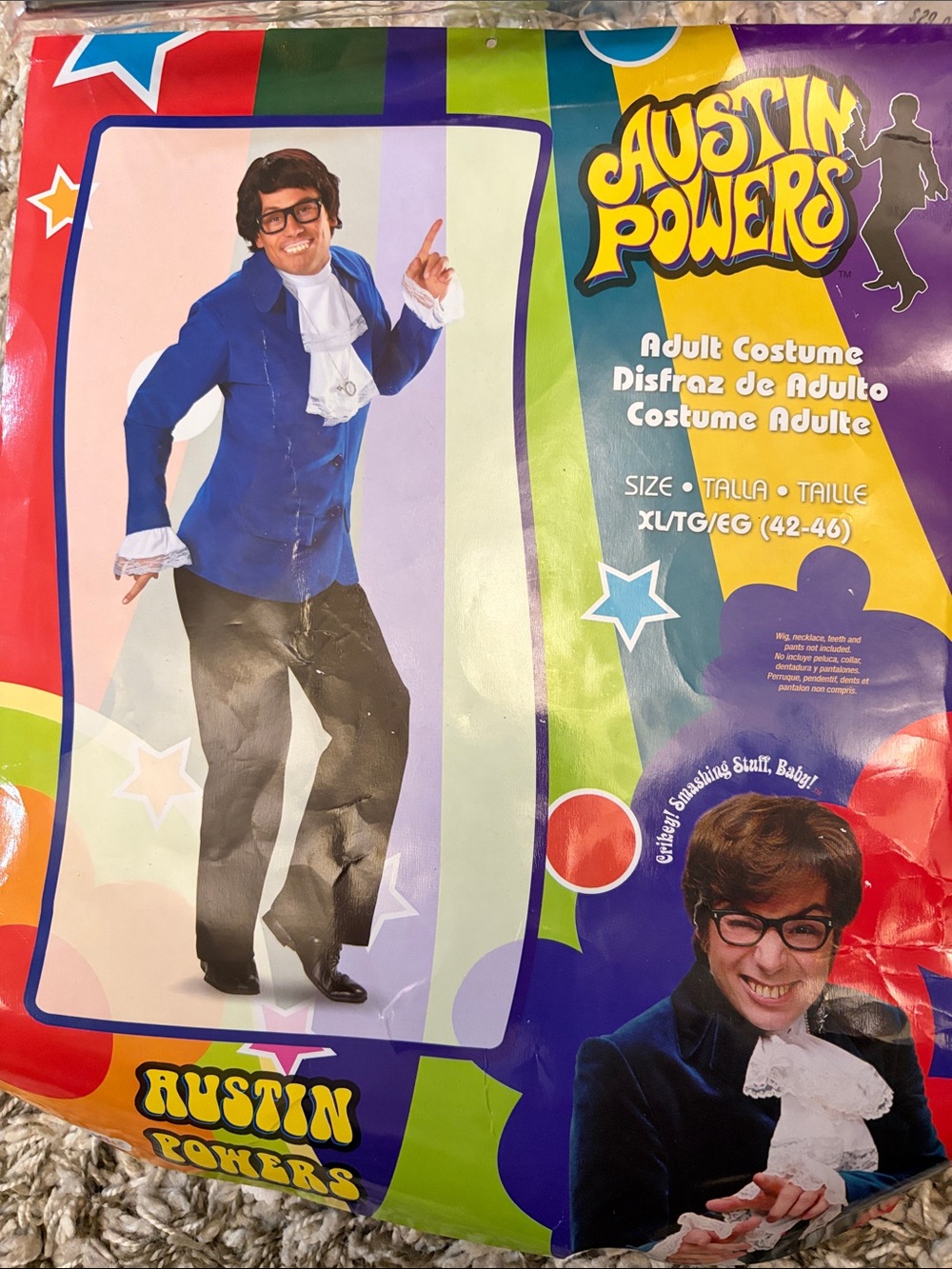 Men’s Austin Powers Halloween Costume w/Jacket & Dickey/Cravat size XL 42-46
